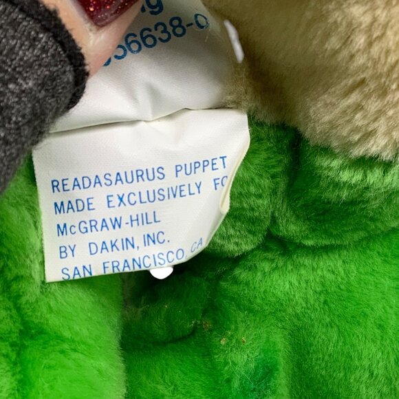 Vtg Dakin Readasaurus McGraw-Hill Reading Plush Dinosaur Puppet Green Beige 12” - Picture 5 of 7